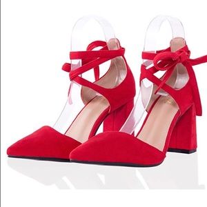 High Block Heels Sandals Red Soft Suede 8.5 NWOT
